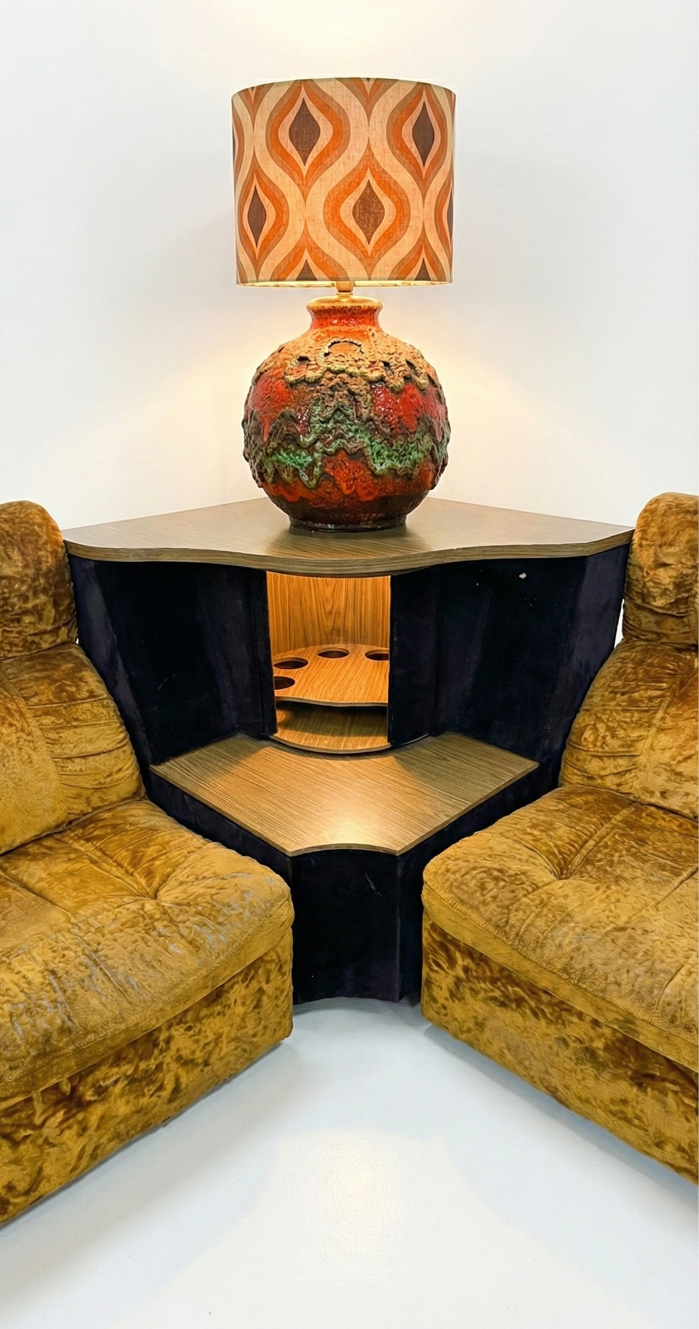 Mid Century Bridgestone ‘Senator’ modular crushed gold velvet brown corner cabinet rotating storage unit sofa lounge five piece