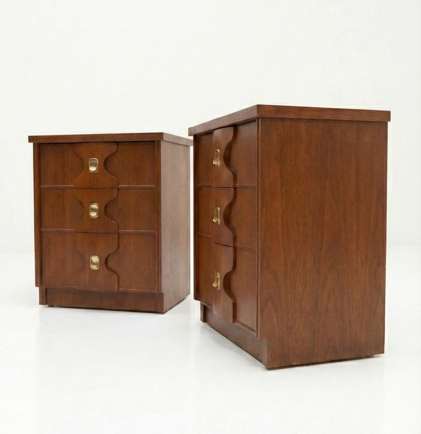 Mid Century Burgess Bedside pair teak and gold 1970s bedroom furniture storage