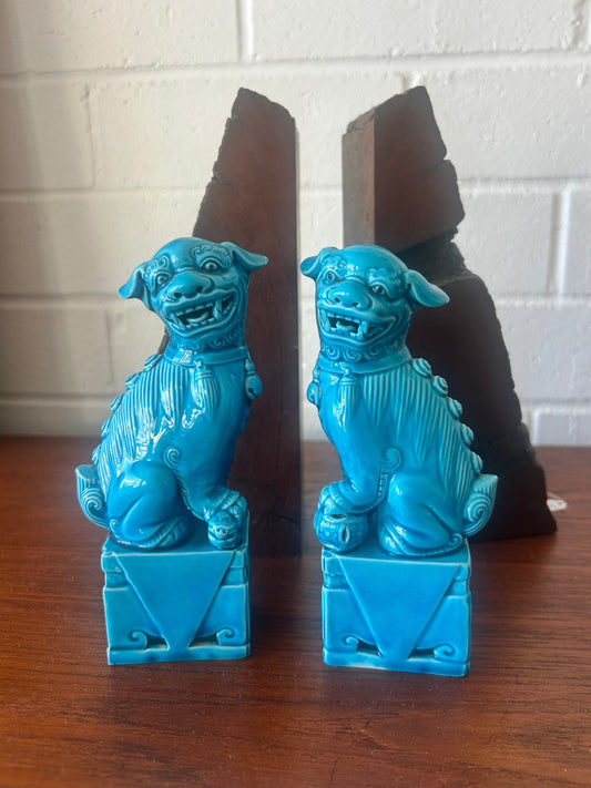 Vintage Fu Dogs Pair temple Chinese decor blue ceramic