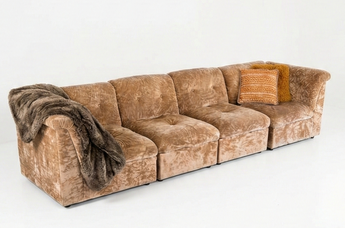 Mid Century Post and Rail modular lounge sofa ultra plush crushed champagne velvet