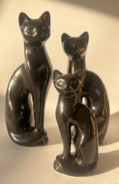 Mid Century Cat family black with green eyes set of three ceramic japan