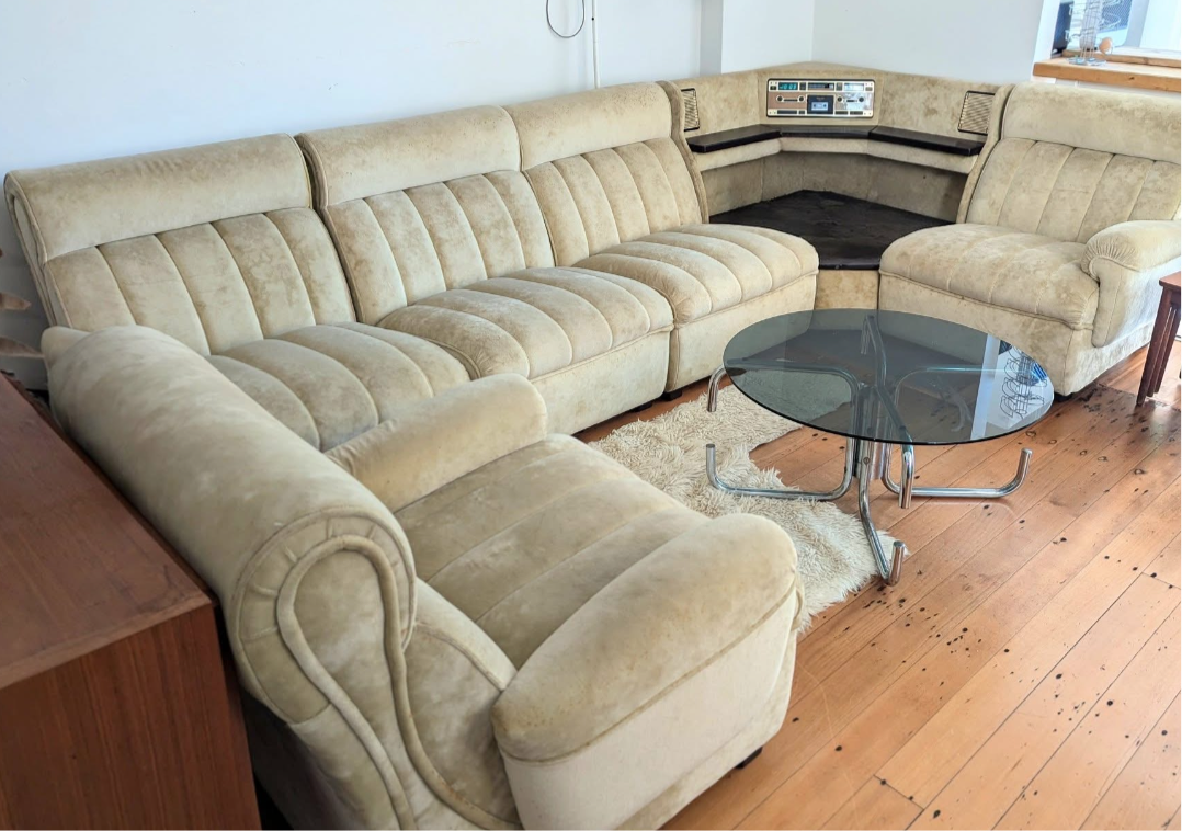 Mid Century cream velvet modular with inbuilt radio lounge coffee table shelf