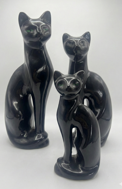 Mid Century Cat family black with green eyes set of three ceramic japan