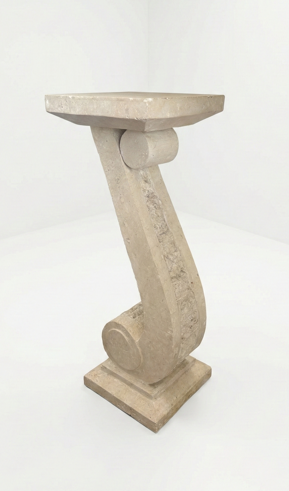 Monumental Postmodern Travertine look Fossil Stone 'Scroll' Plinth c. 1980s style of Fratelli Mannelli