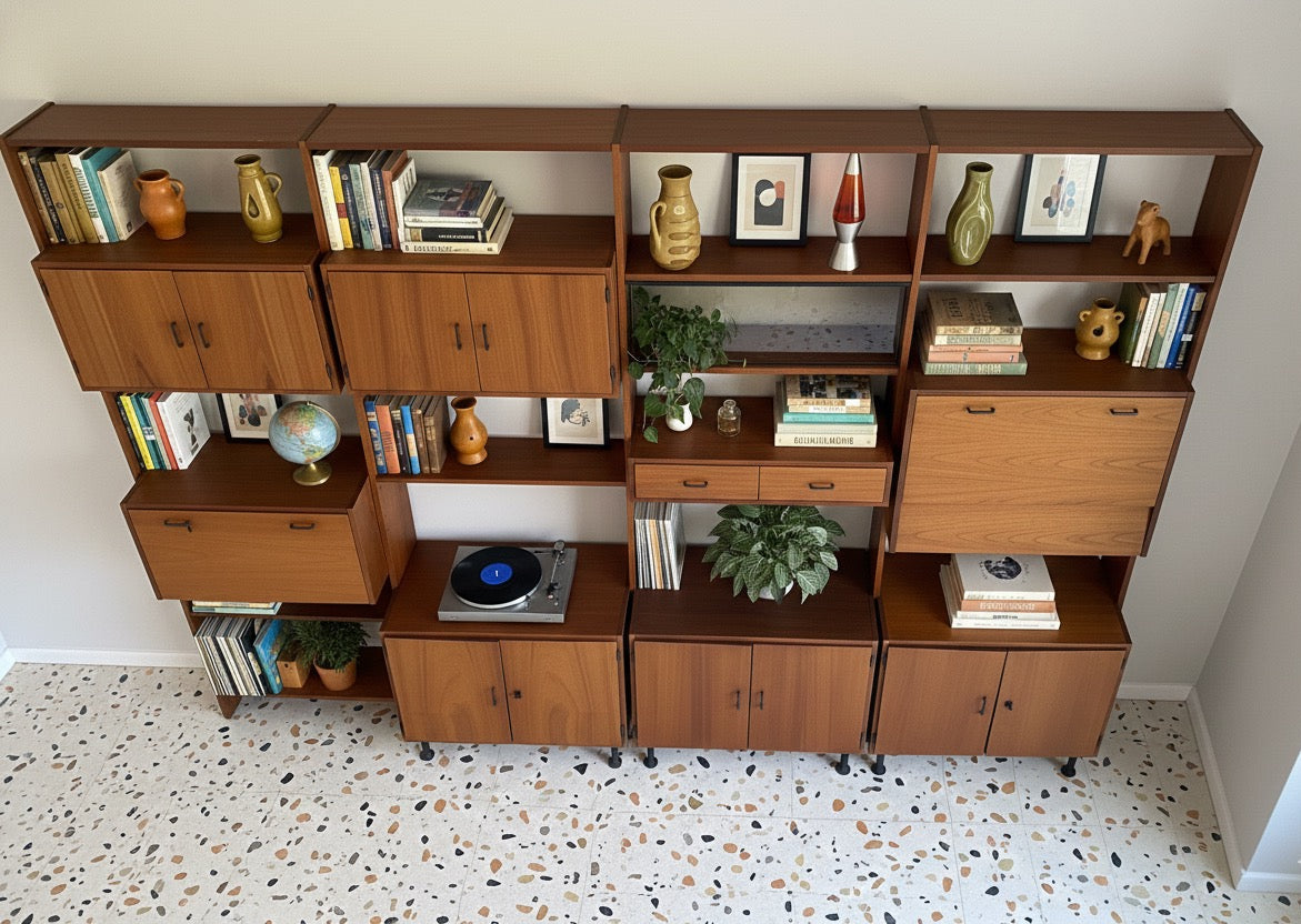 Mid Century Simpla Lux modular bookcase storage wall shelving unit teak retro four bay shelf