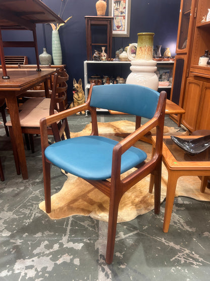 Danish Otto Larsen teak armchair with new warwich commercial grade vinyl in blue