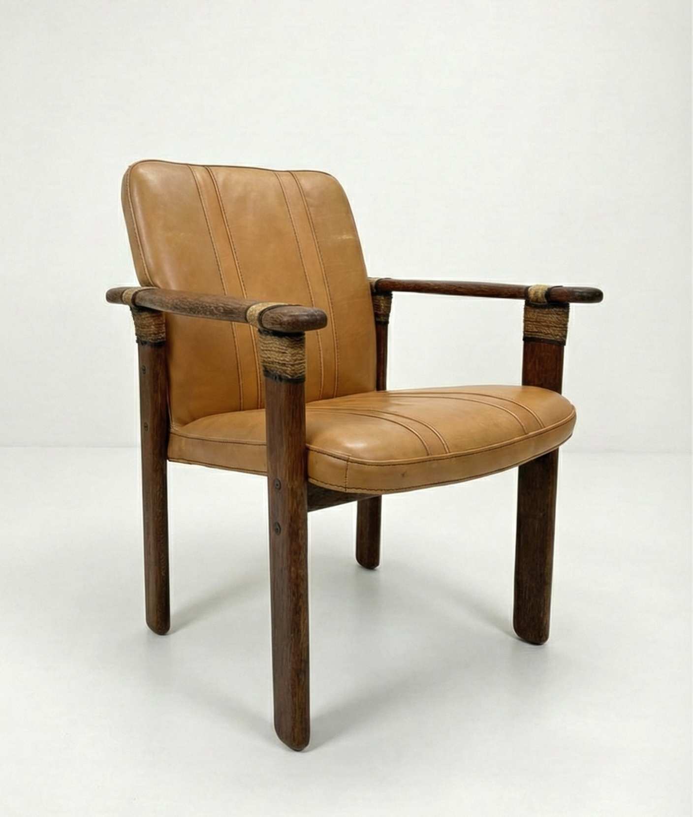 Mid Century Pacific Green armchair seat palm wood tan leather seating