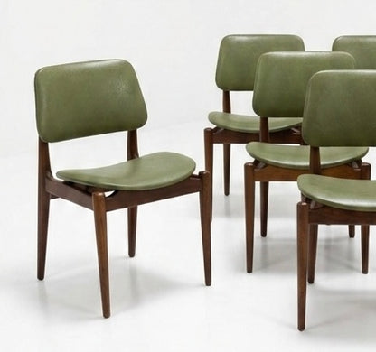 Mid Century Australian Set of Six Retro Green Vinyl chairs Nordic teak blackwood