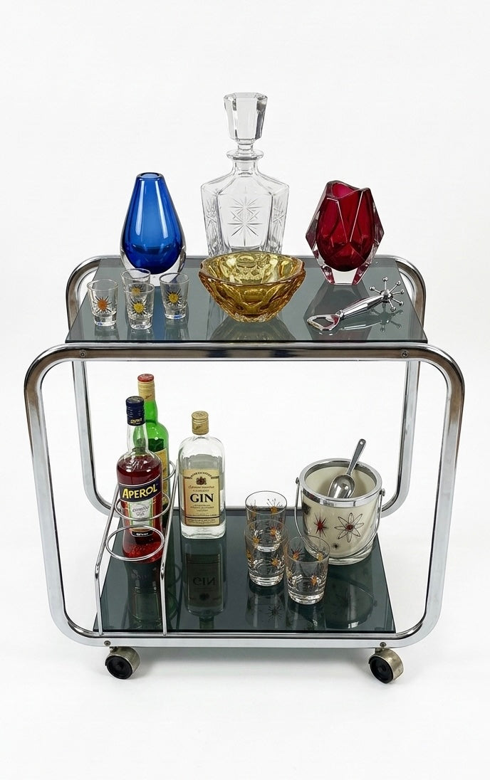 Mid Century 1970s Space Age Tubular Chrome Drinks Trolley Bar table Cart Smoked Glass & Bottle Rack castors wheels