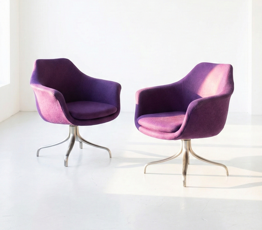 Mid Century Krost swivel chairs purple felt wool fabric set of two