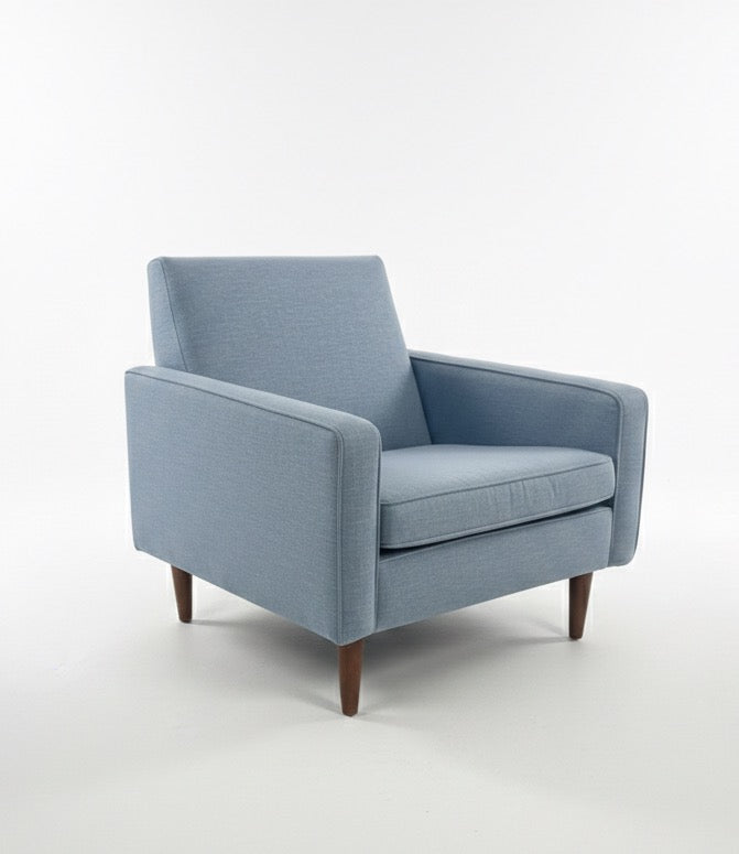 Mid Century Parker Nordic 133 armchair blue fabric blackwood frame seating