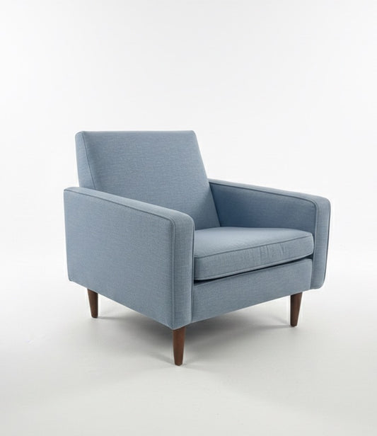 Mid Century Parker Nordic 133 armchair blue fabric blackwood frame seating