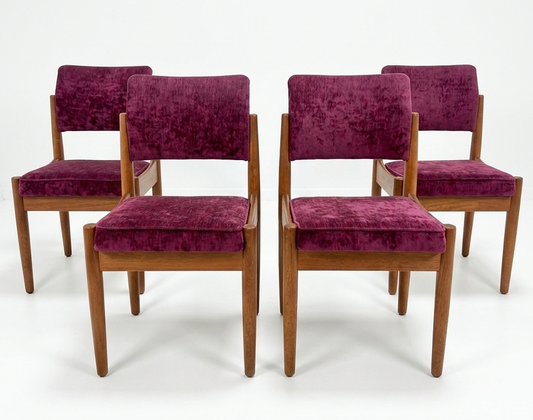 Mid Century Chiswell teak purple crushed velvet set of four retro seats