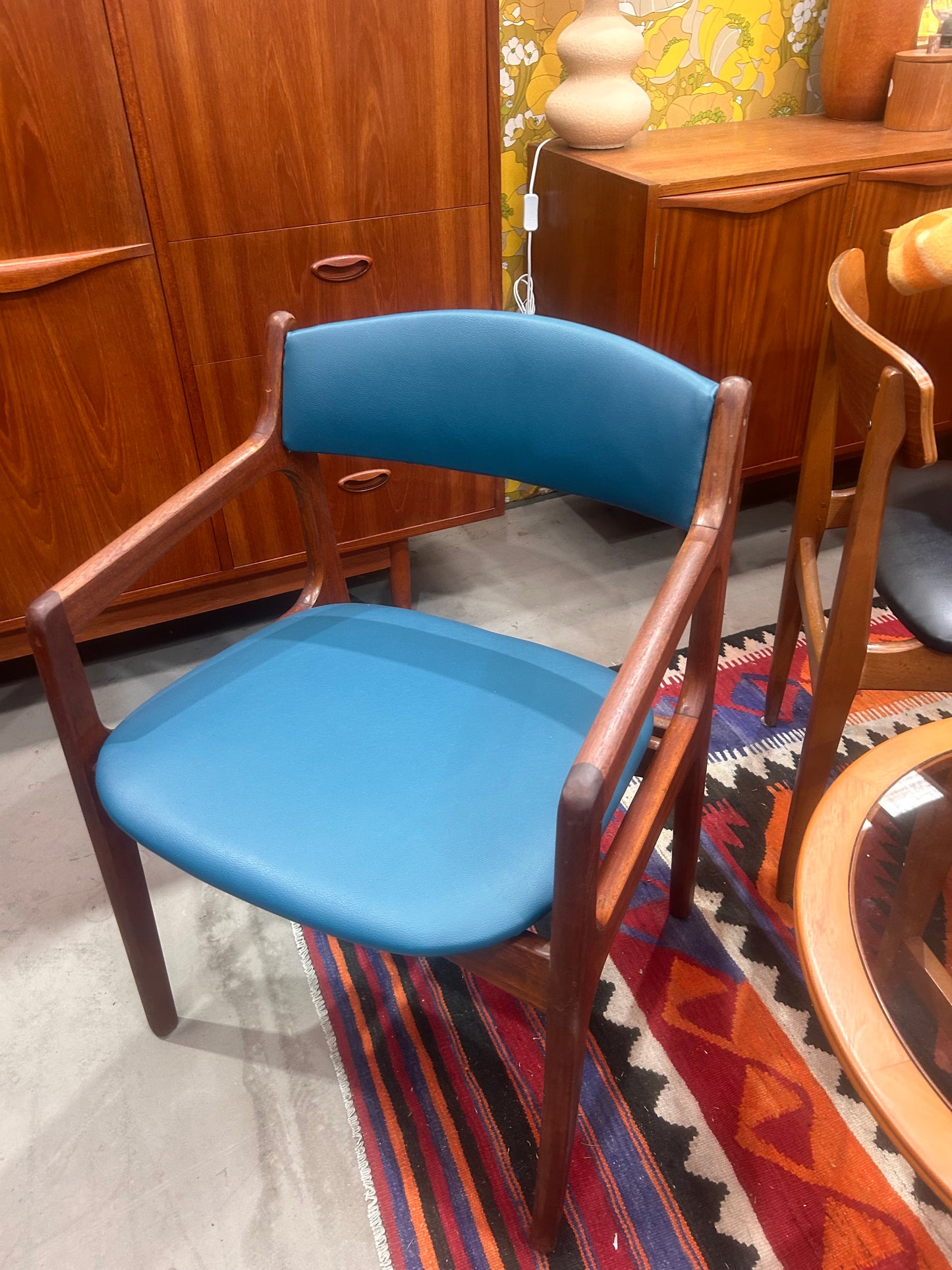 Danish Otto Larsen teak armchair with new warwich commercial grade vinyl in blue