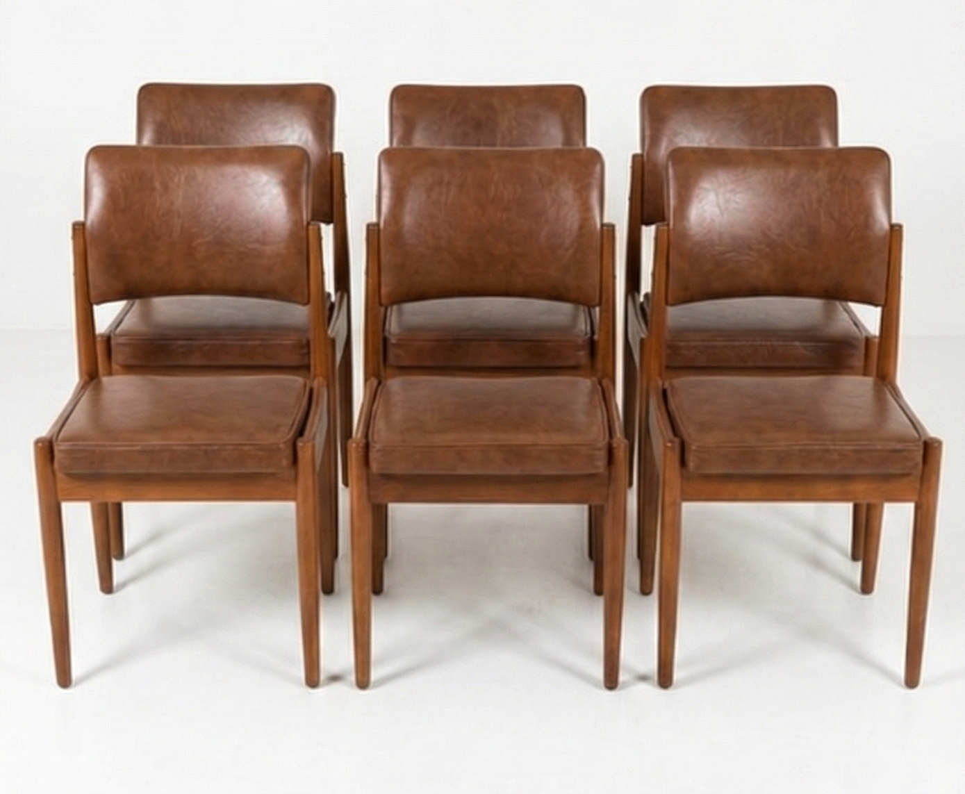 Mid Century Chiswell brown vinyl teak chairs set of six 1970s mcm