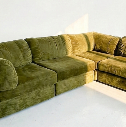 Mid Century Arana furniture crushed velvet olive green lounge seat chair modular sofa playpen five piece Parker style 70s era