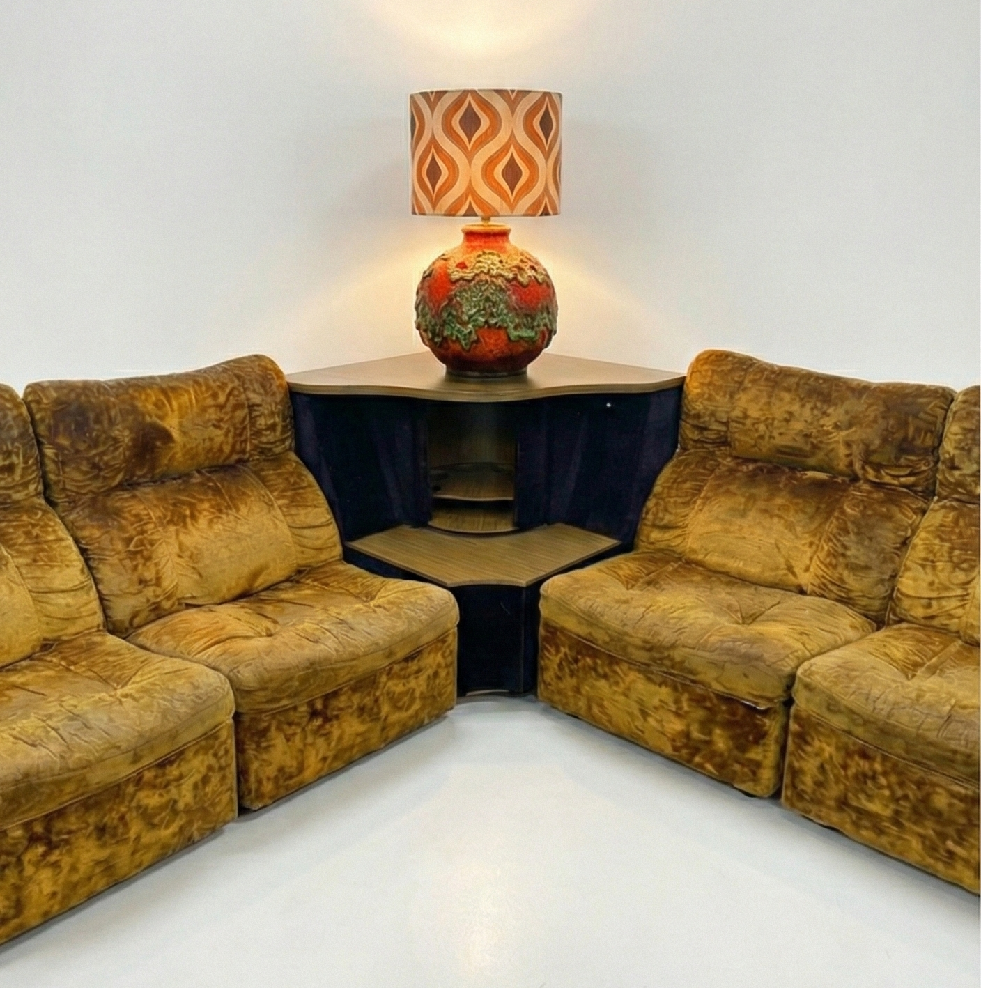 Mid Century Bridgestone ‘Senator’ modular crushed gold velvet brown corner cabinet rotating storage unit sofa lounge five piece