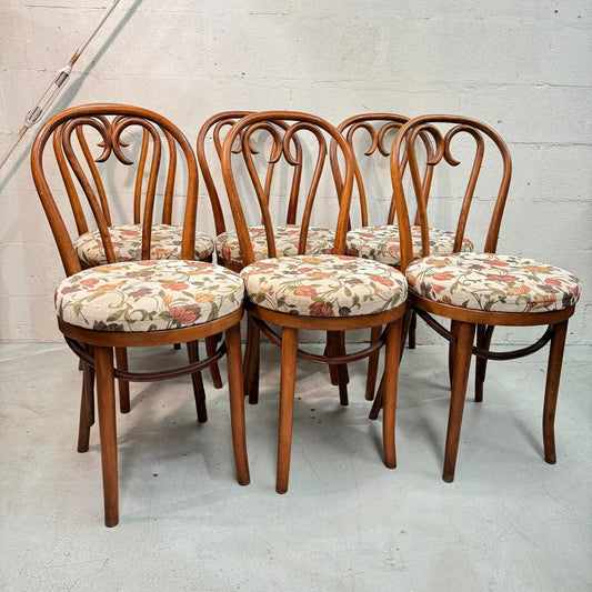 Mid Century Romanian Bentwood Chairs Set with floral upholstered seats