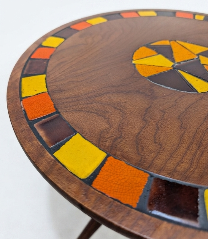 Mid Century Danish round tile top walnut table atomic three feet