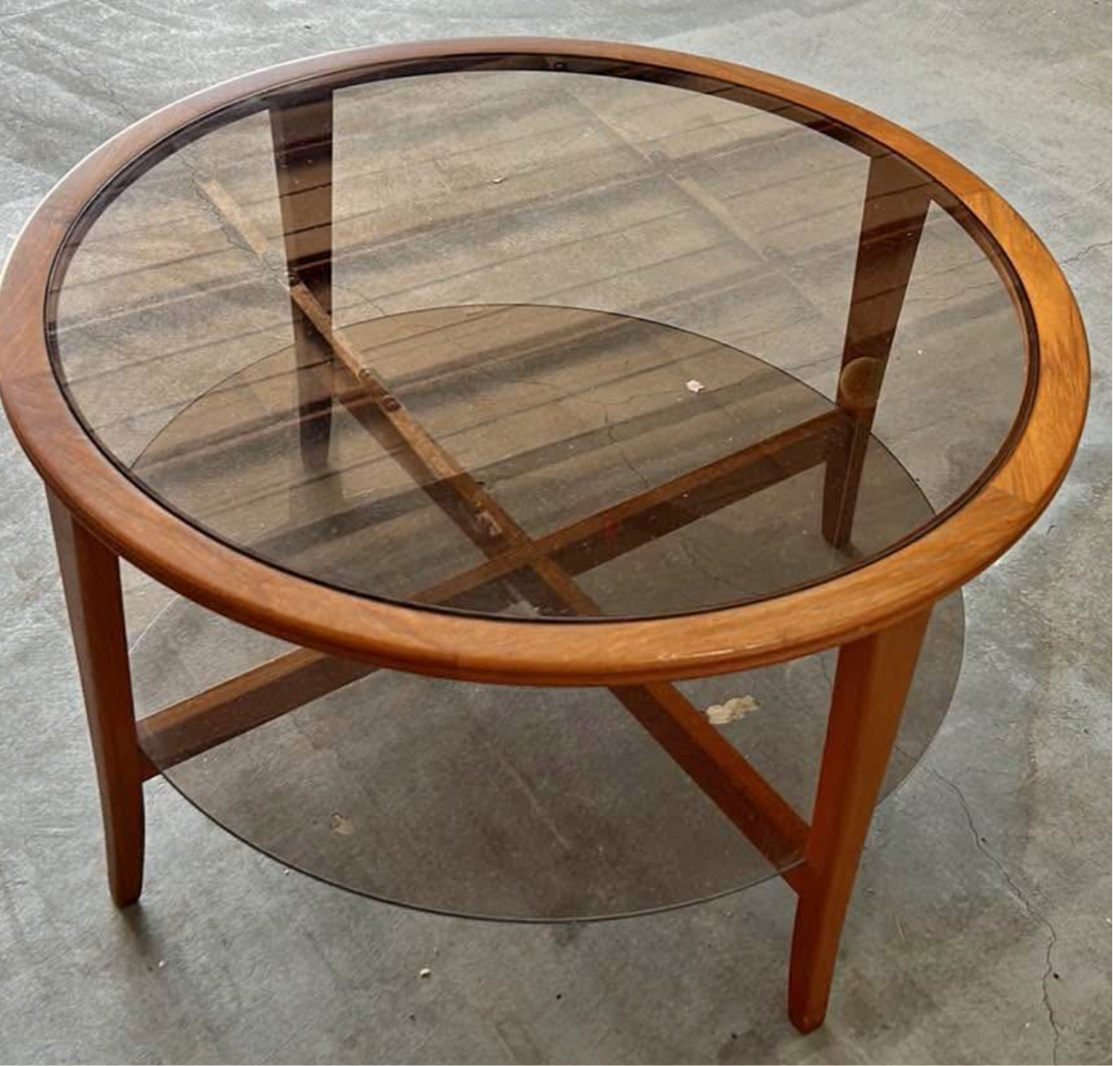 Mid Century Teak Chiswell coffee table round smokey glass two tier