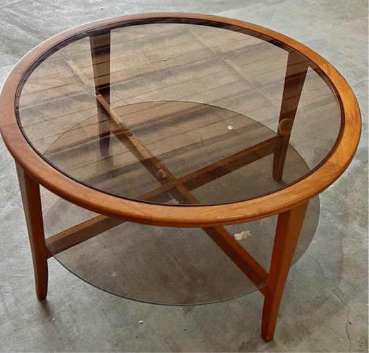 Mid Century Teak Chiswell coffee table round smokey glass two tier