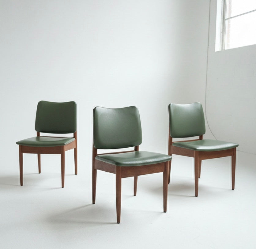 Mid Century Chiswell Forest Green set of three vinyl chairs teak retro mcm 1970s