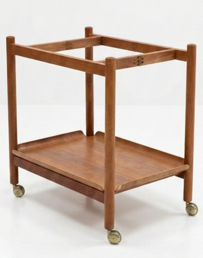 Mid Century Swedish teak two tray tier folding trolley serving cart 1970s gold wheels