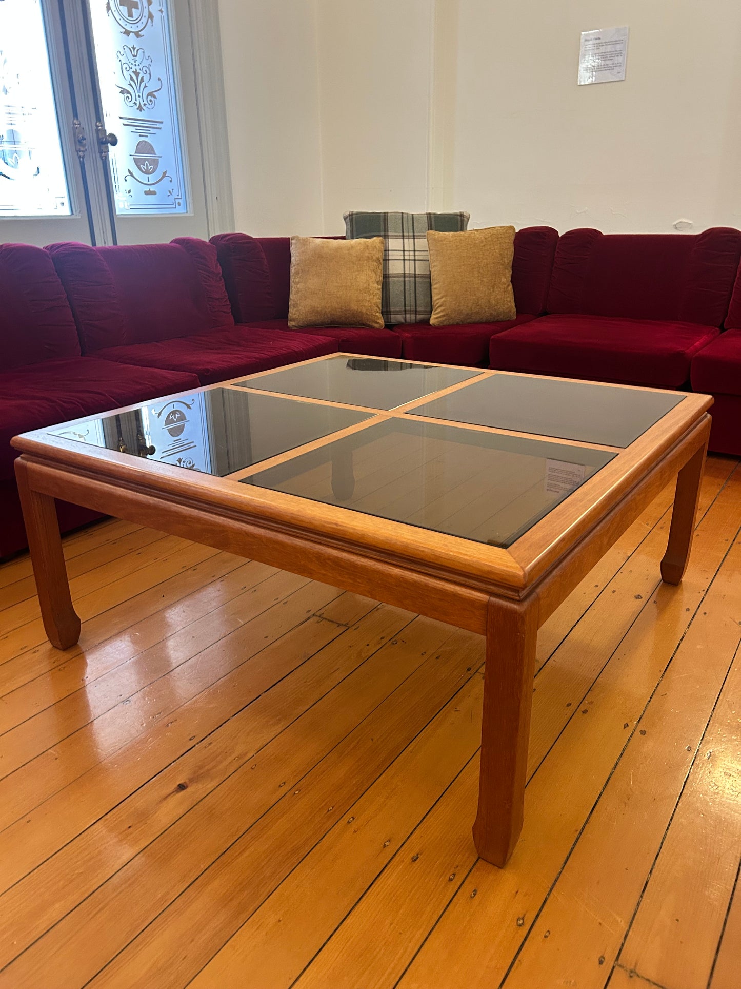 Parker Mid Century Square coffee table teak smokey glass