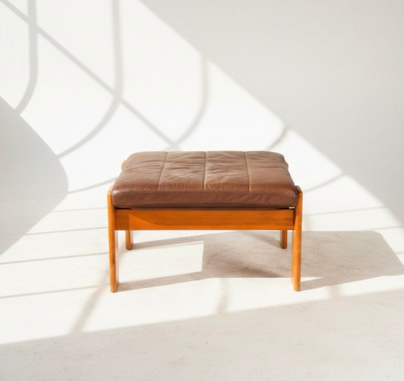 Mid Century Danish Leather ottoman footstool mcm retro vintage seat
