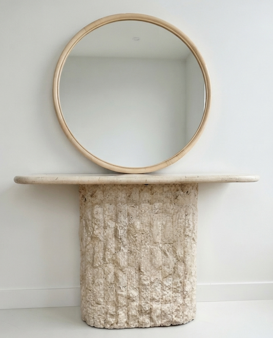 Mid Century Fossil Stone hallway entry table and Cane Mirror