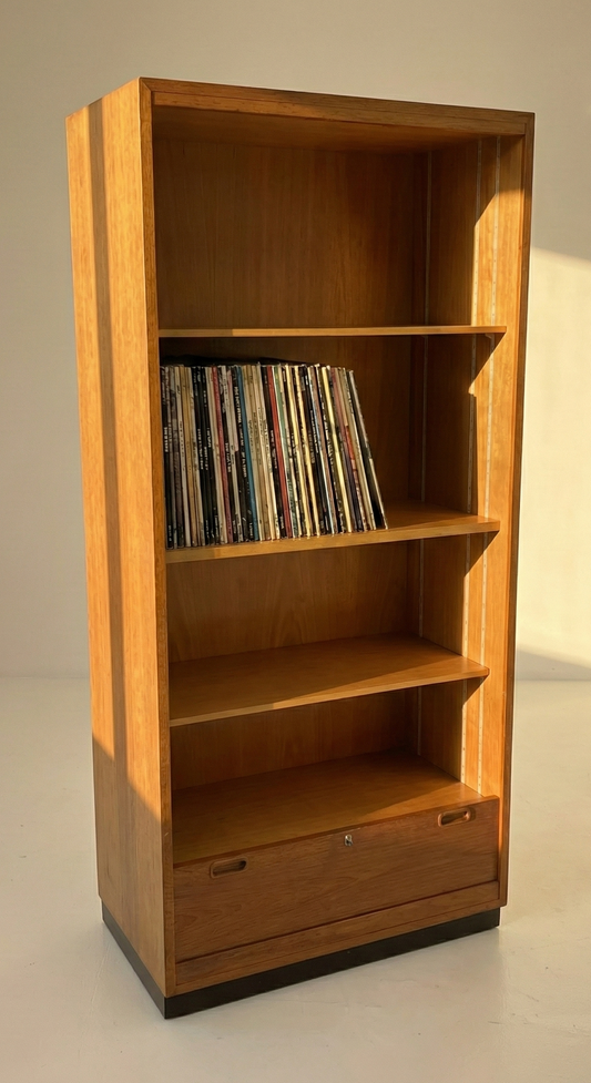 Mid Century Danish Roller shutter cabinet warm teak record holder storage office unit