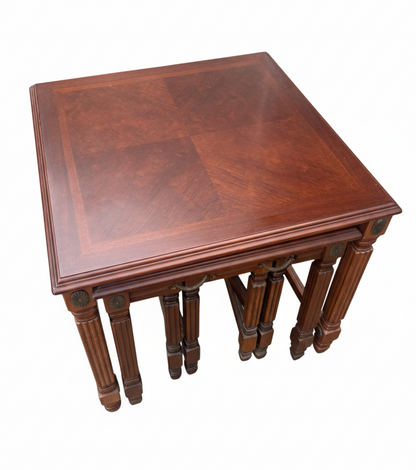 Regency Revival Vintage Quaretto table nesting Walnut Mahogany Veneer Set of three