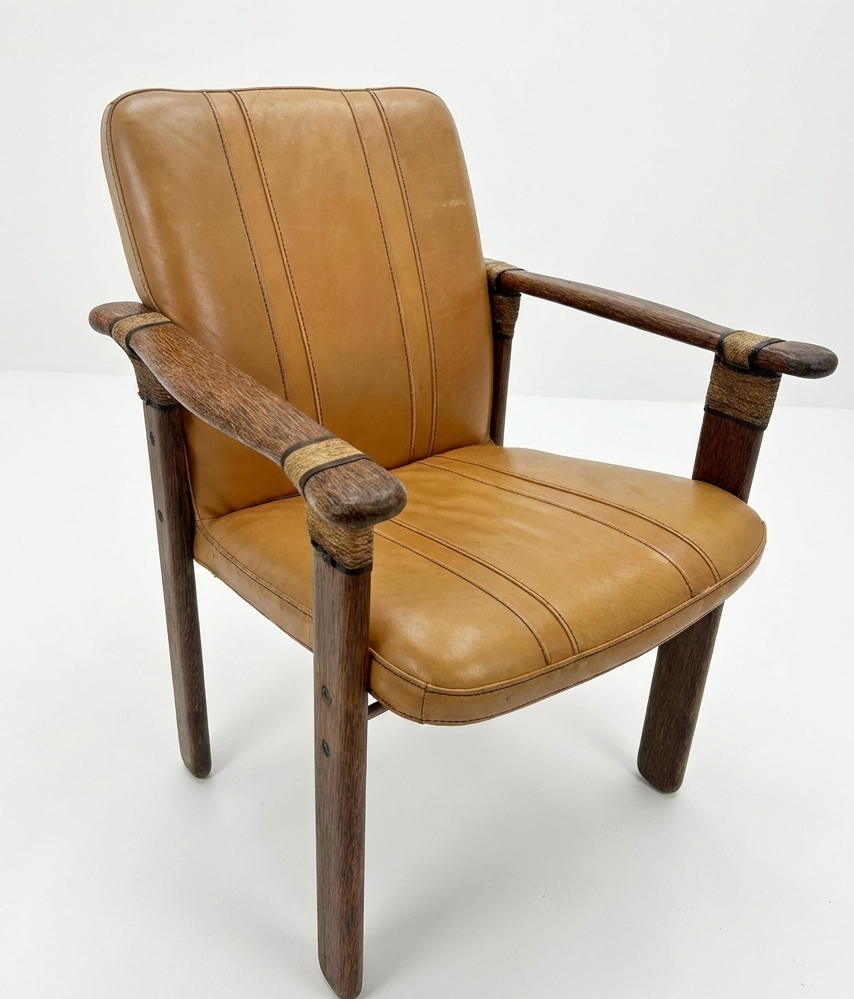 Mid Century Pacific Green armchair seat palm wood tan leather seating