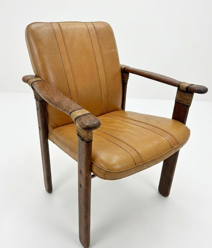 Mid Century Pacific Green armchair seat palm wood tan leather seating