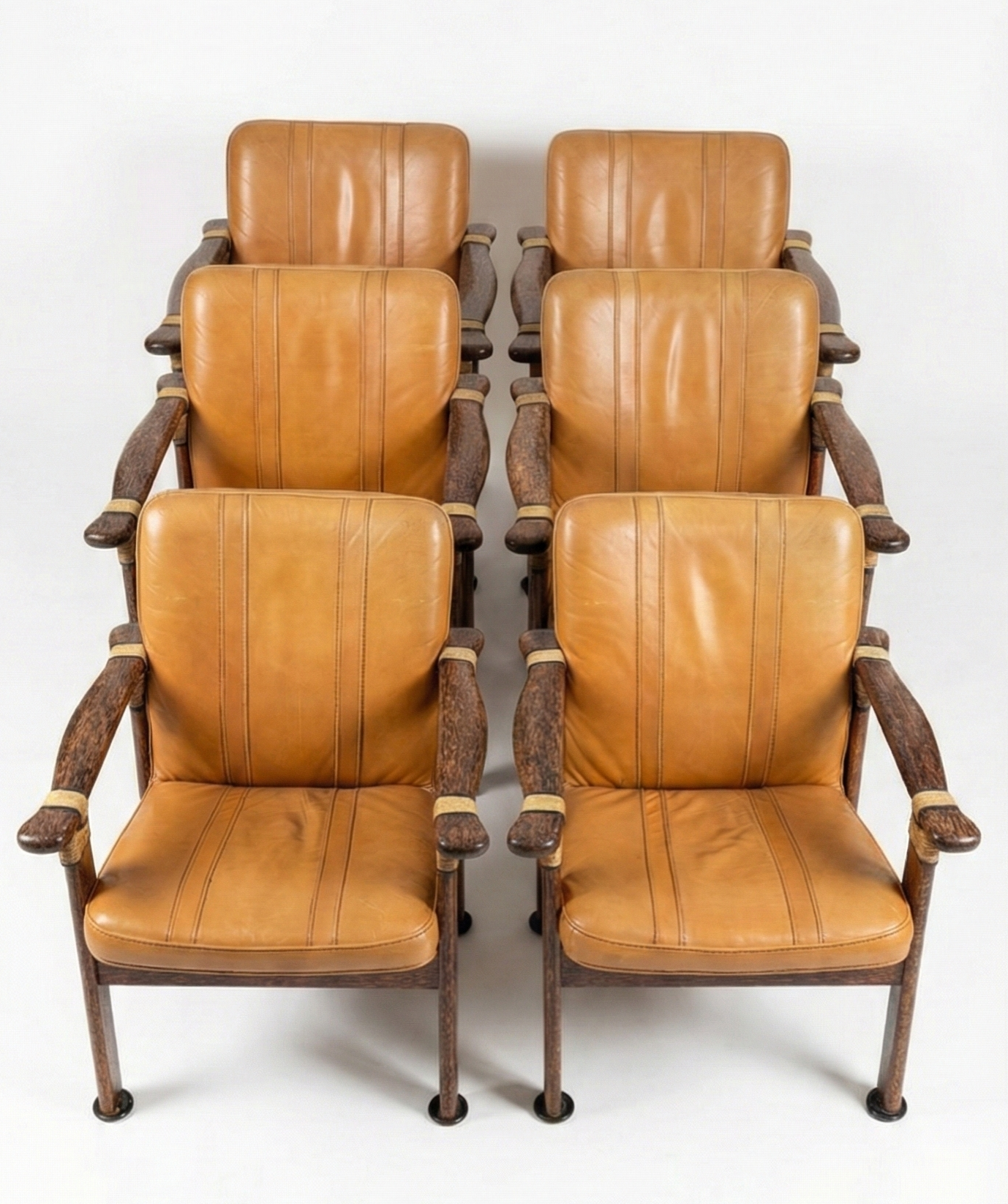 Mid Century Pacific Green armchair seat palm wood tan leather seating