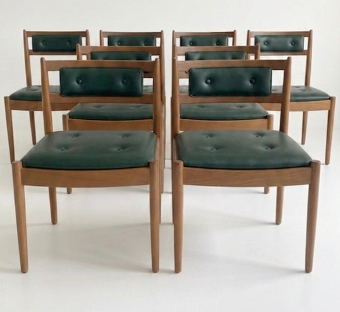 Mid Century Chiswell set of 8 low profile button back chairs teak Custom Upholstery 3-4 weeks lead time 1970s seating dining chairs