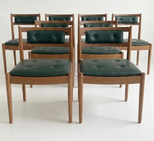 Mid Century Chiswell set of 8 low profile button back chairs teak Custom Upholstery 3-4 weeks lead time 1970s seating dining chairs