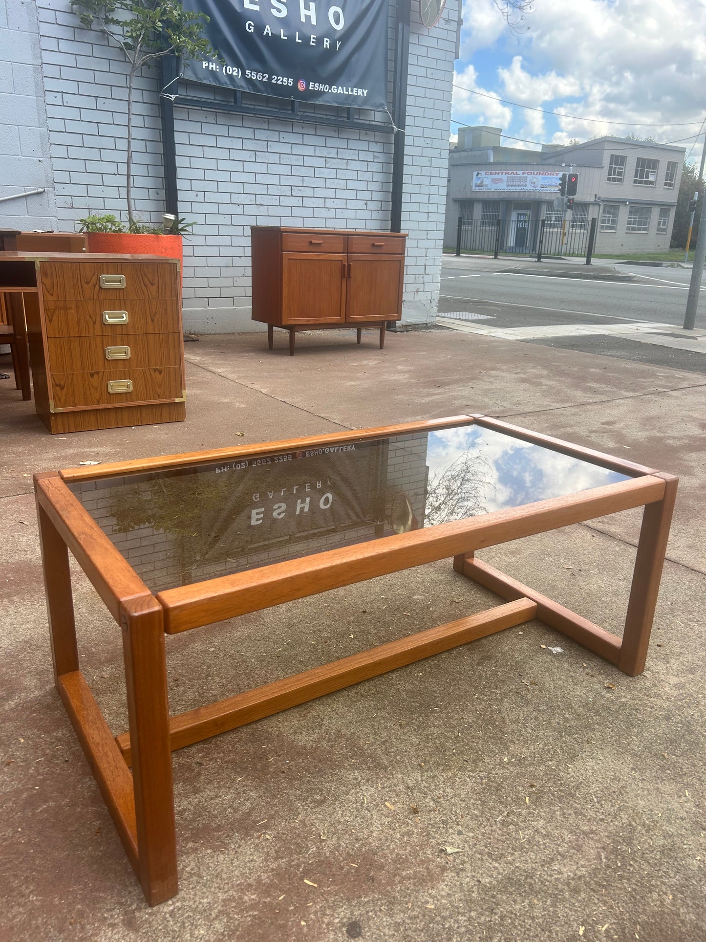 Parker mid century teak table smokey glass 1970s