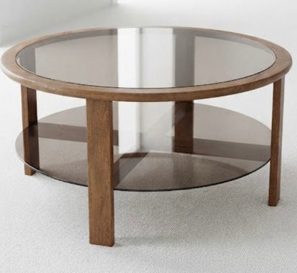 Mid Century Chiswell teak round two tier smokey glass coffee table