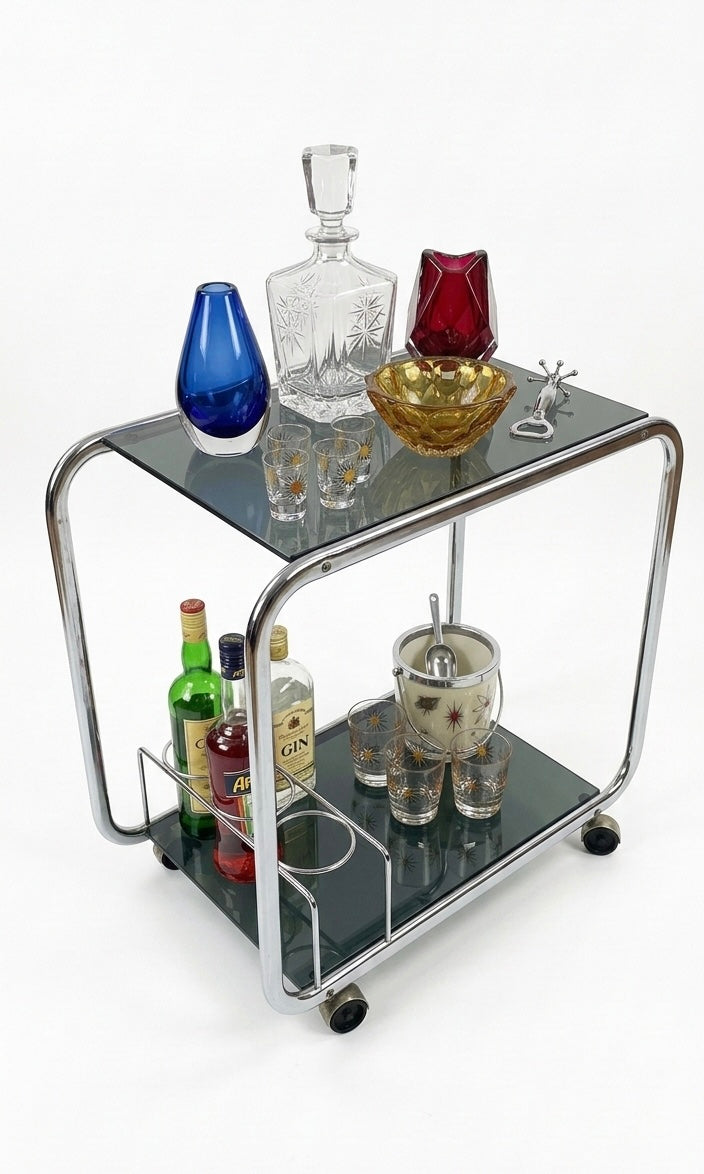Mid Century 1970s Space Age Tubular Chrome Drinks Trolley Bar table Cart Smoked Glass & Bottle Rack castors wheels