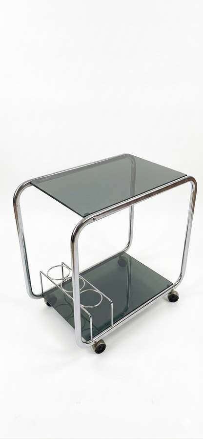 Mid Century 1970s Space Age Tubular Chrome Drinks Trolley Bar table Cart Smoked Glass & Bottle Rack castors wheels