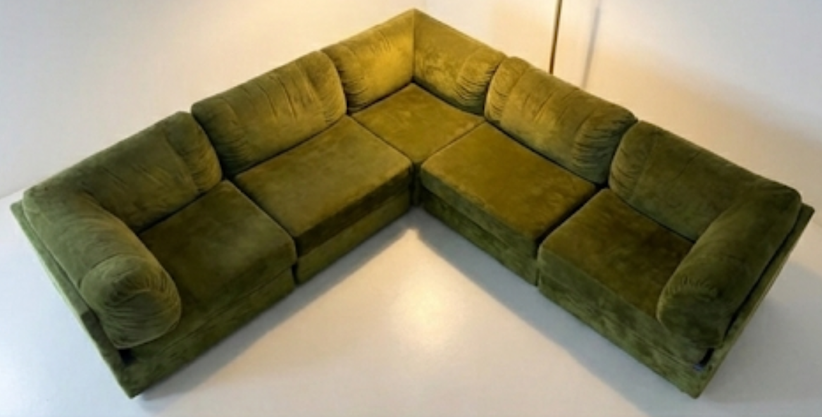 Mid Century Parker crushed velvet olive green lounge seat chair modular sofa playpen five piece style 70s era
