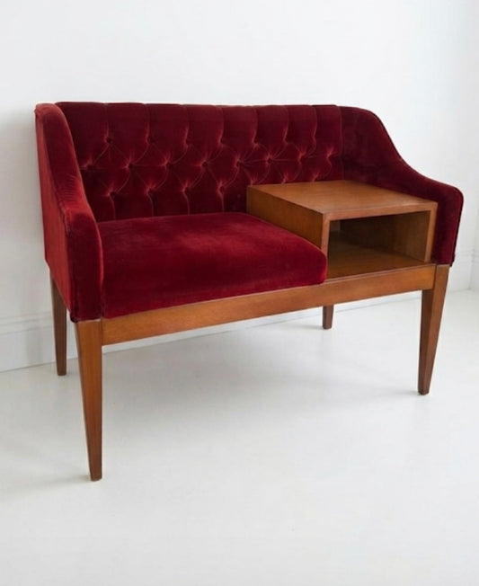 Mid-Century Teak Telephone Table With Velvet Seat
