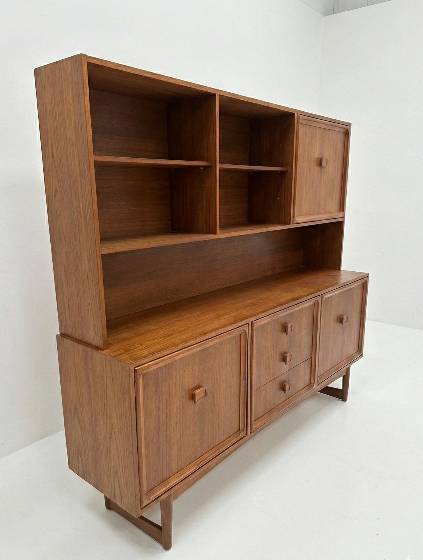 Mid Century Parker Sleigh Sideboard with bar hutch Golden Teak retro storage unit