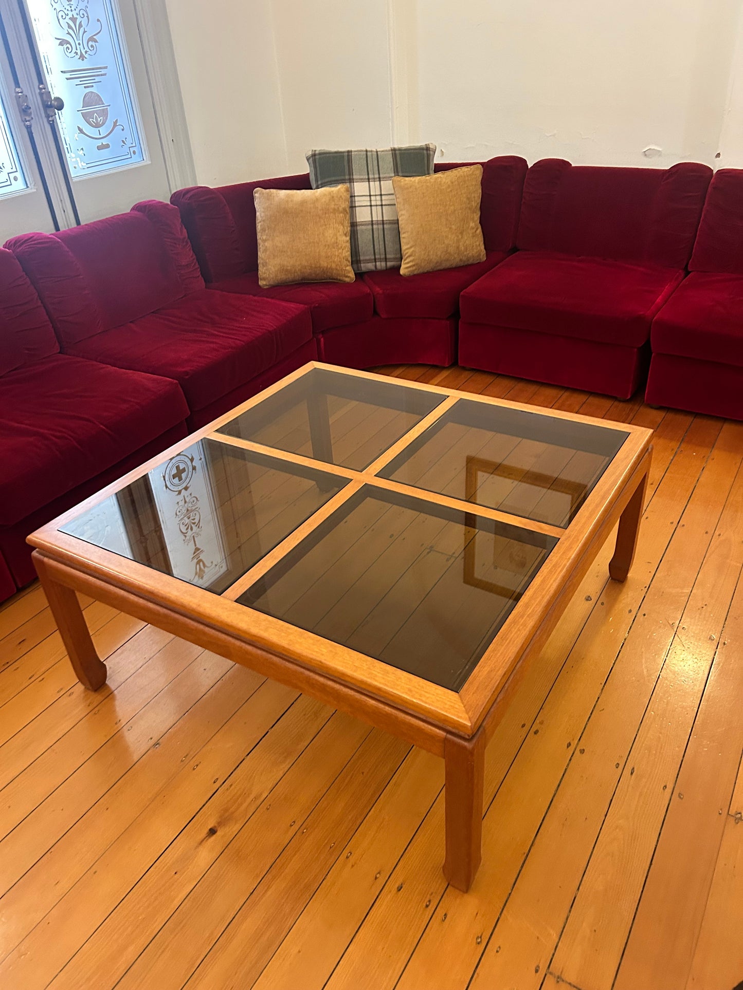 Parker Mid Century Square coffee table teak smokey glass