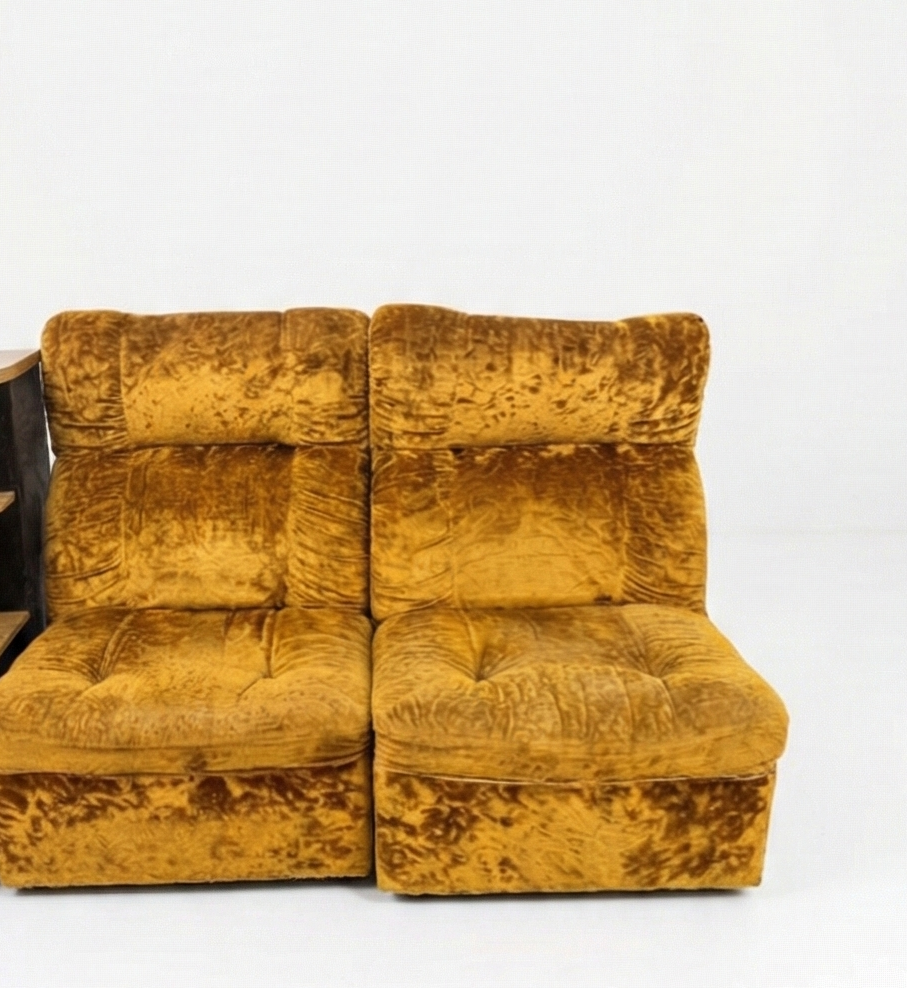 Mid Century Bridgestone ‘Senator’ modular crushed gold velvet brown corner cabinet rotating storage unit sofa lounge five piece