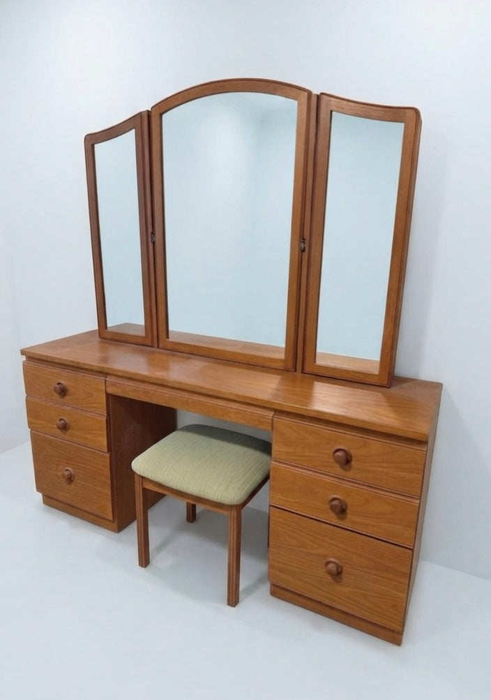Chiswell dresser honey teak table bedroom with stool three panel mirror
