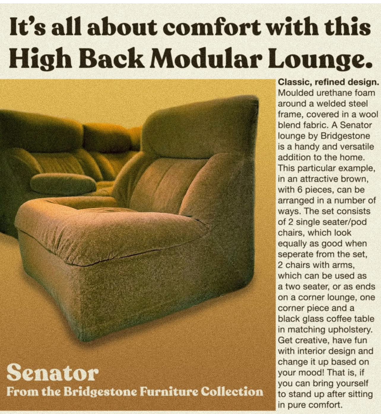 Mid Century Bridgestone ‘Senator’ modular crushed gold velvet brown corner cabinet rotating storage unit sofa lounge five piece