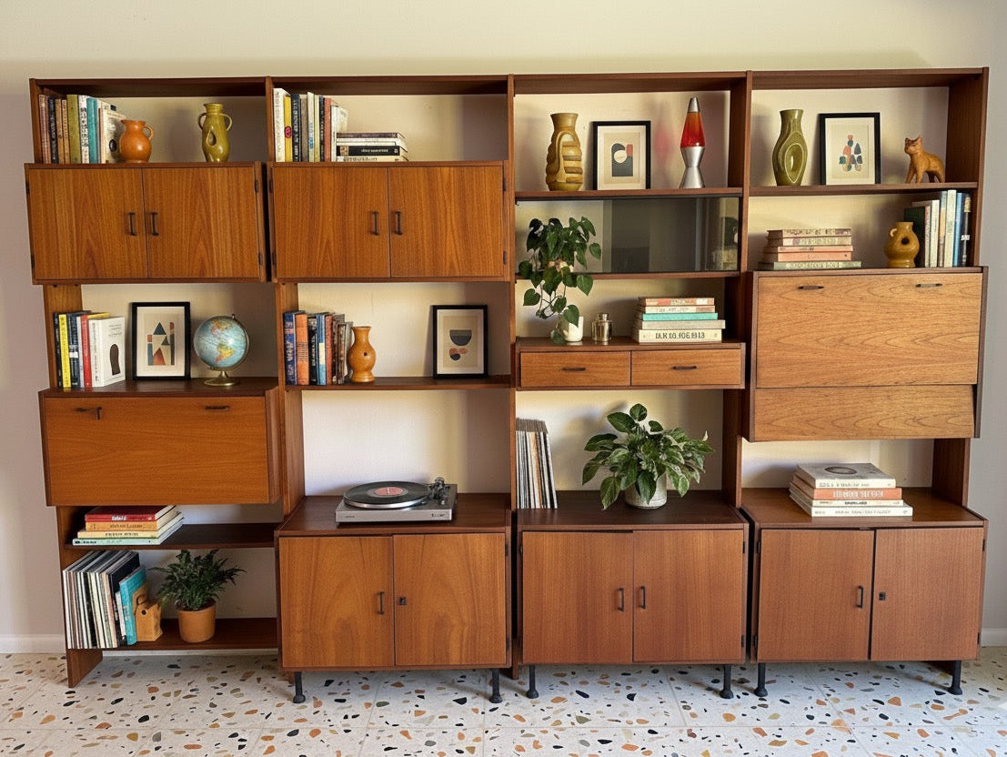 Mid Century Simpla Lux modular bookcase storage wall shelving unit teak retro four bay shelf