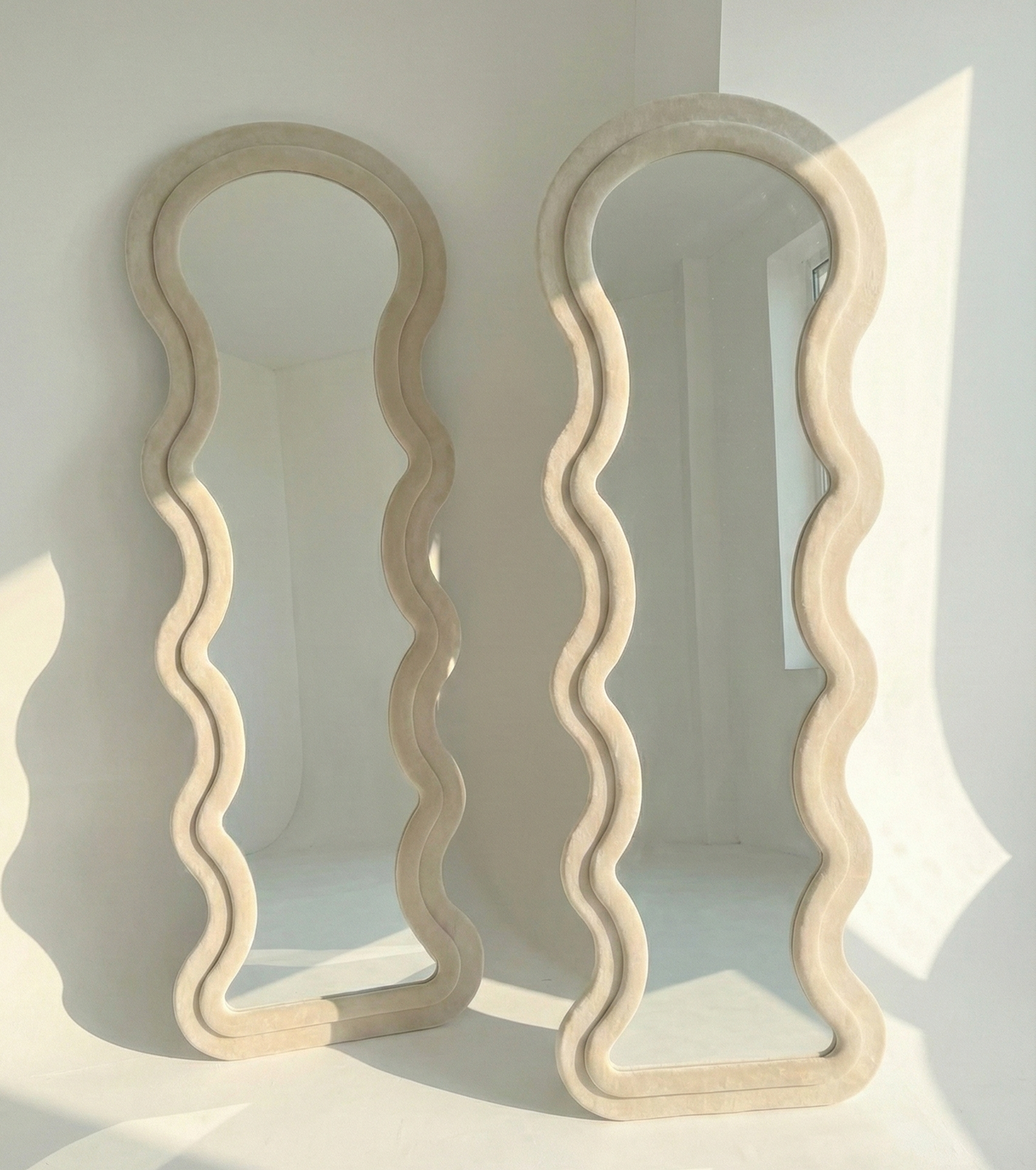 Mid Century Modern wavy floor mirror velvet frame retro